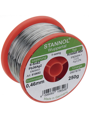 Stannol - KRISTALL 400, 810652 - Solder wire Sn62/Pb36/2Ag 250 g 0.50 mm, KRISTALL 400, 810652, Stannol