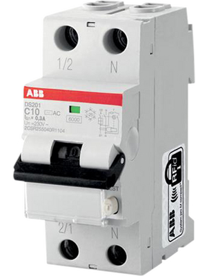 ABB - DS201 B10 A30 - RCD circuit breaker 10 A 30 mA 1 + N 110...253 VAC, DS201 B10 A30, ABB